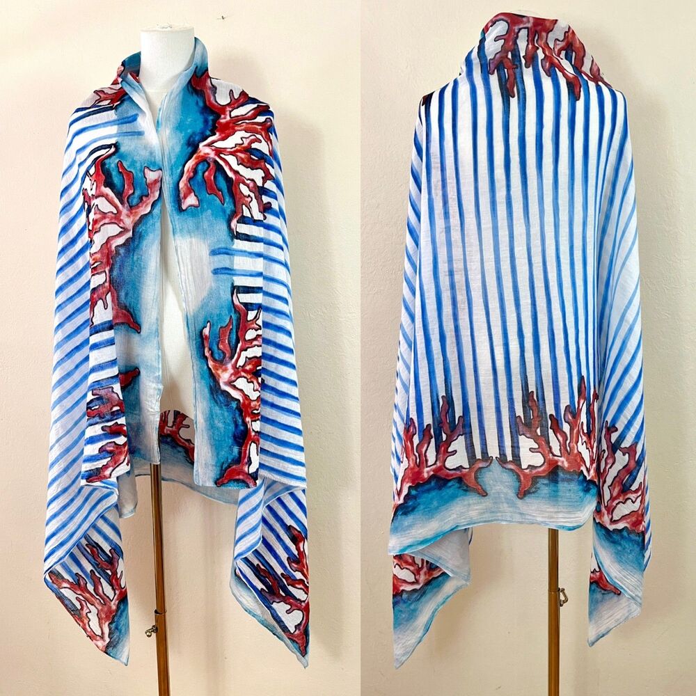 Antica Sartoria 100% Cotton Oversized 68"x40" Shawl Scarf Red Coral Blue Stripe